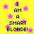 Yellow background with pink stars and black pixelated text reading "I AM A SMART BLONDE!" repeated in two vertical