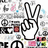 A static image shows a white smiley face with black eyes and mouth on the bottom left, above a of small icons including peace signs, hearts, and symbols in blue, yellow, pink, and black