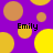 Purple background with yellow and brown circular shapes; four instances of the name 'Emily' in black text.