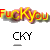 Pixelated text 'FUCK YOU' in fiery colors above black pixelated letters 'CKY' on gray background.