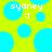 Pixelated image with bright yellow background and scattered cyan circles, featuring two identical text blocks reading "sydney :]" in white pixel font.