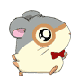 Animated hamster-like character with gray head, cream body, pink ears, brown glasses, and red bow tie in three poses against light gray background.