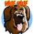Brown dog with pink tongue and blue circular background, each frame showing slight variations in mouth shape and eye expression under 'WOF WOF' text.