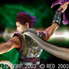 Animated character with purple hair and armor holding a purple weapon, set against a green background with red text at bottom.