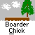 Animated pixel art of a blonde character in pink pants and blue-purple top snowboarding across snowy terrain with green trees, brown platforms, and white clouds.