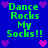 Blue background with green text "Dance Rocks My Socks!!" and purple/pink hearts in pixelated style.