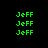 Green pixelated text 'JeFF' repeated across a black background with three distinct pink rectangular highlights in different positions.