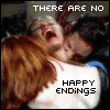Six- of stills from a TV show with overlaid text reading "THERE ARE NO HAPPY ENDINGS BECAUSE NOTHING ends" showing characters in various emotional states