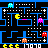 Pixel art contact sheet showing two frames of a Pac-Man style game icon with maze, dots, power pellets, and ghosts on the left; green text logo 'Original Icons .com' on dark green background on the right.