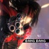 A close-up of a character with dark hair holding a revolver, with 'BANG BANG' text at the bottom.