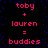 Pixelated text on black background with blue dots, showing 'toby + lauren = buddies' in pink and red letters.