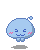 pixelated blue creatures with pink cheeks, some with Japanese text above them, in various poses including floating, smiling, and sticking out tongues