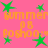 A static image with a bright pink background featuring repeated orange text and green star shapes.
