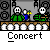 Pixel art concert scene with two figures on stage, one holding a microphone and the other playing guitar, under 'Concert' text.
