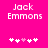 Pixelated text 'Jack Emmons' in white on bright pink background with five heart symbols below, two versions showing different heart positions.