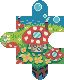 Pixel art of a whimsical mushroom house village with red-and-white spotted caps, green grassy terrain, blue sky background, and small smokestacks emitting white vapor.