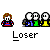 Pixel art animation of a character with brown hair and red shirt, surrounded by three white figures in blue-green-yellow outfits, displaying text above them.