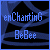 Pixelated blue text 'enChantinG' and 'BeBee' on dark blue background with diagonal lines, showing identical static content