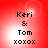 Red background with four identical displaying black text 'Keri & Tom xoxox' and white light effects