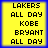 Yellow square with blue border displays text in pixelated font; four identical arranged in showing 'LAKERS ALL DAY KOBE BRYANT' repeated