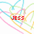 Red text labels JESS, LOVES, and SEAN appear over a white background with multicolored scribbled lines in cyan, pink, yellow, green, and orange.