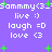 Purple background with white pixelated text and green plus signs, displaying repeated phrases like "Sammy<3" and emoticons.