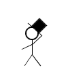 Four stick-figure animations of a figure holding a black square prop, each showing a different pose with the prop tilted at varying angles.