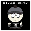 Pixelated cartoon character in gray beanie and black t-shirt with white text, standing against black background with text above