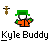 Pixel art contact sheet showing two identical static frames of a cartoon character with green hat and orange jacket, alongside promotional text for 'badassbuddy.com' in red and black.