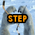 Four- of pixelated dolphin images with orange text overlays reading STEP, UP, YOUR, GAME! against a light blue background