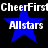 Blue star with 'Allstars' text over black background, repeated in two with 'CheerFirst' text above each