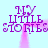 Purple text 'My Little Stories' on light blue background with pink pixelated vertical lines, arranged in a of four identical sections