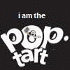 A black background displays "i am the pop tart" text with a small cartoon character inside the 'o' of 'pop', where the 'i' in "i am the" changes color across observations.