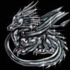 Four silver dragon icons arranged in a , each with distinct head positions and tail curls against black background