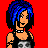 A contact sheet of three pixel-art animated frames showing a punk-themed character with blue hair, skull motifs, and text elements on a red background.
