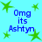 Blue text "Omg its Ashtyn" repeats four times on a light blue background with green star shapes scattered throughout.