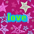 A static image with a pink star-patterned background featuring three green text labels: 'love', 'laugh', and 'live' in blue outlines.