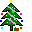 Pixelated green Christmas tree with yellow star, red and blue square ornaments, light blue circular decorations, and small red-and-green gift boxes at base.