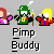 Pixel art image showing three distinct character icons above text reading 'Pimp Buddy' on a gray background.