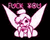 Pixelated static icon of a pink and white winged figure with floral accents on black background.