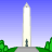 Pixelated static image of a tall white obelisk monument against a blue gradient sky with green trees at the base, rendered in low-resolution 48x48 pixels.