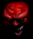 Red devil face with sharp teeth and glowing eyes in pixelated animation, showing sequential mouth movements against black background.