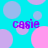 A static image with a bright cyan background featuring overlapping pink and light purple circles, each containing the text 'casie' in bold purple pixelated font.