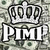 Static pixelated icon featuring a silver crown above bold white text "PIMP" on a gray camouflage background.