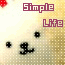 Pixelated cartoon face with black dot eyes and mouth, overlaid text "Simple" and "Life" in blocky font on a dotted background.