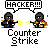 Pixel art animation of two figures with dark helmets and blue-and-white clothing, exchanging yellow energy bursts under "HACKER!!!" speech bubbles above gray background.