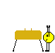 A yellow circular character with black limbs and facial features performs gymnastic movements on a tan balance beam against a gray background.