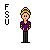 Pixel art contact sheet showing four frames of a female character with blonde hair wearing purple top and black pants holding a brown stick-like object in various poses against gray background.