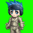 Pixelated character with blue-tinted black hair, large blue eyes, and a neutral expression wearing a brownish-gray outfit against a bright green background.