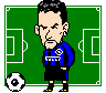 Pixelated cartoon of a soccer player in blue and black uniform on green field with white lines, showing three sequential poses including standing still, kicking ball, and mid-kick motion.